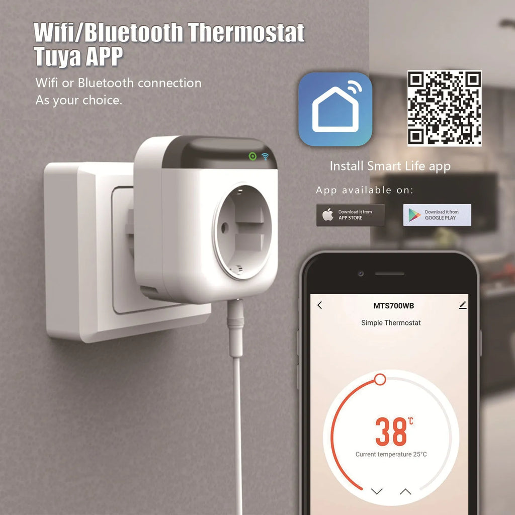 White Tuya smart temperature control socket with three-pin US outlet and temperature sensor probe