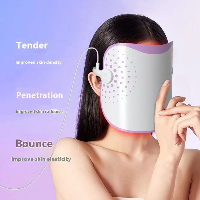 White and purple photon beauty mask with plug-in power cord for home light therapy treatments