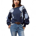 Sapphire Blue women's pullover with flower jacquard pattern and loose casual design