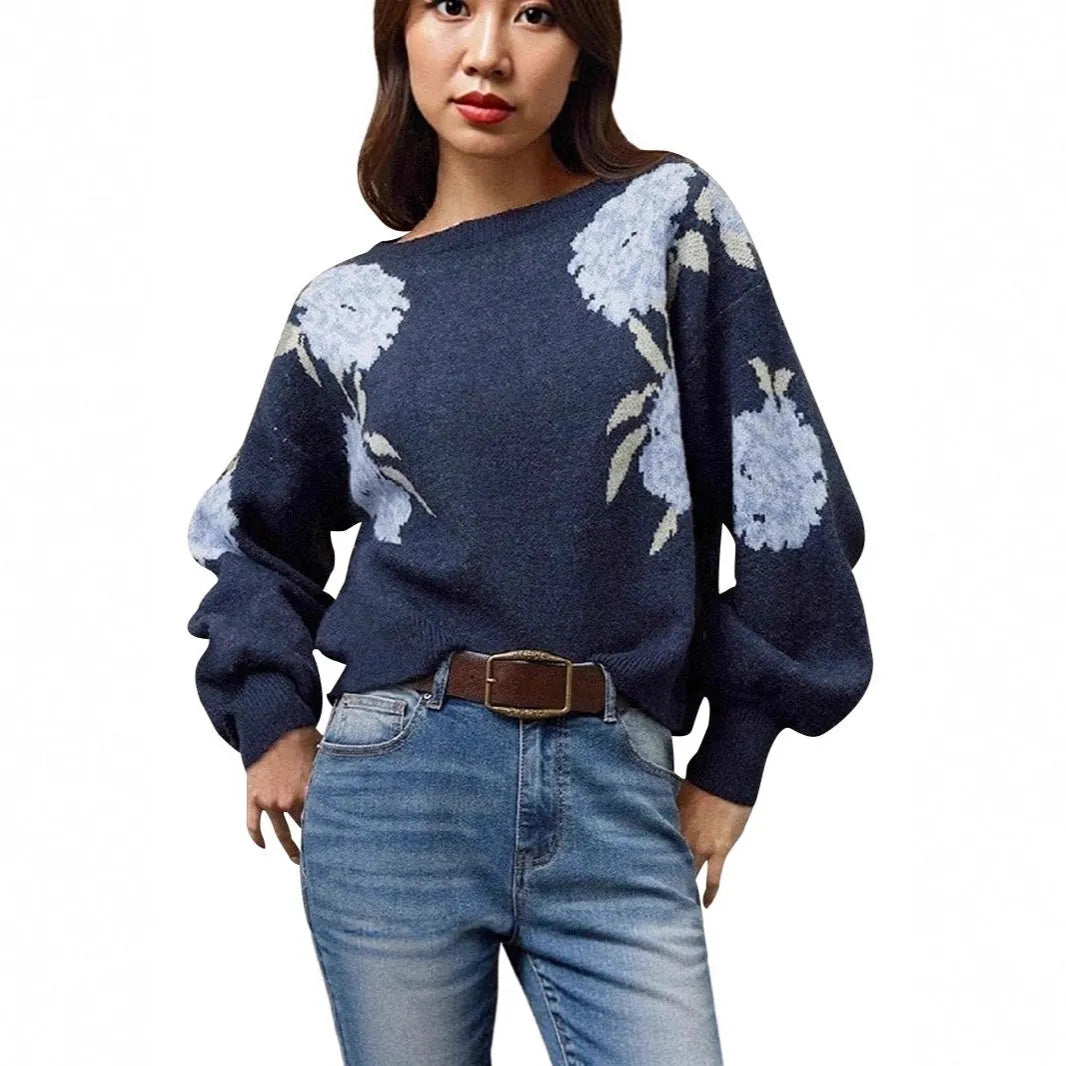 Sapphire Blue women's pullover with flower jacquard pattern and loose casual design