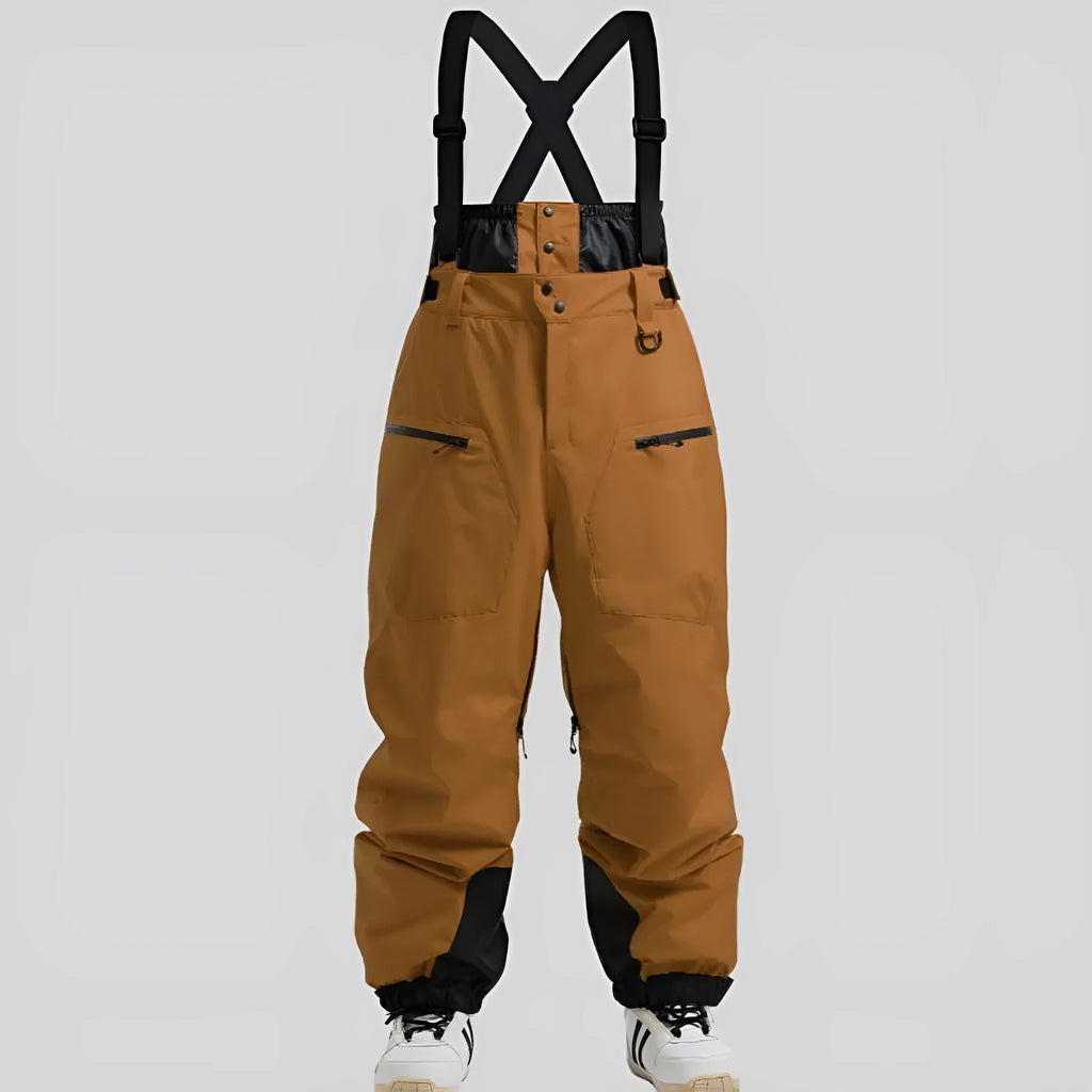 Man wearing black thickened waterproof ski pants with visible adjustable waist straps.