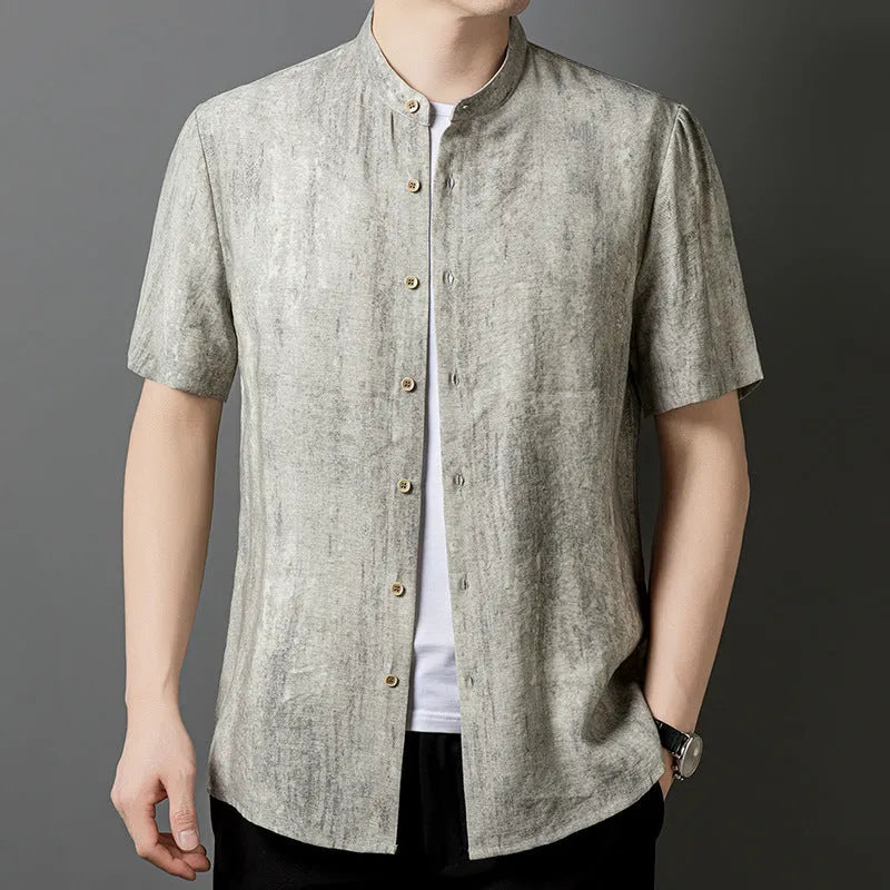 Men's loose fit linen shirt with stand collar in black grey colour