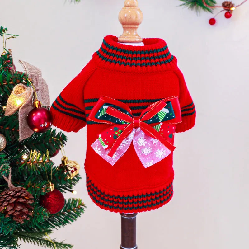 Red and green dog Christmas sweater shown on small to large breed dogs with festive holiday design