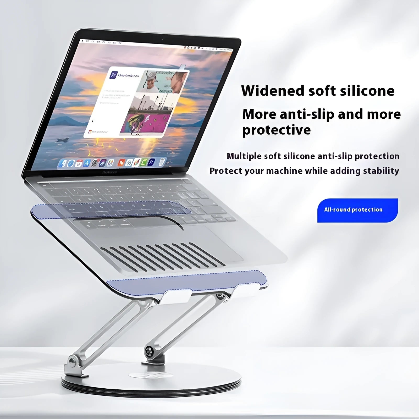 Silver aluminium laptop stand with height adjustment and rotatable foldable design