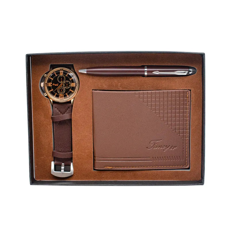 Creative holiday gift set featuring a watch, wallet, and pen in a modern simplicity style gift box.