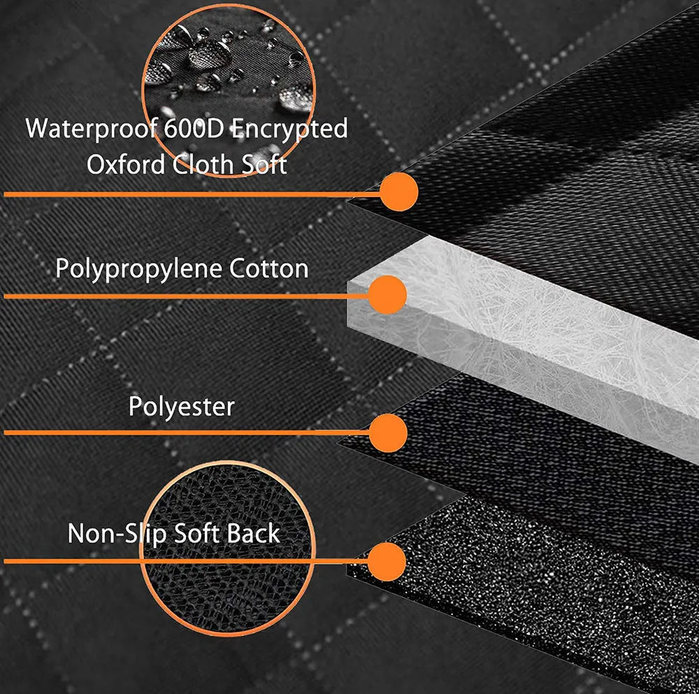 Black waterproof dog car hammock with orange edge, installed on rear seats with mesh window visible.