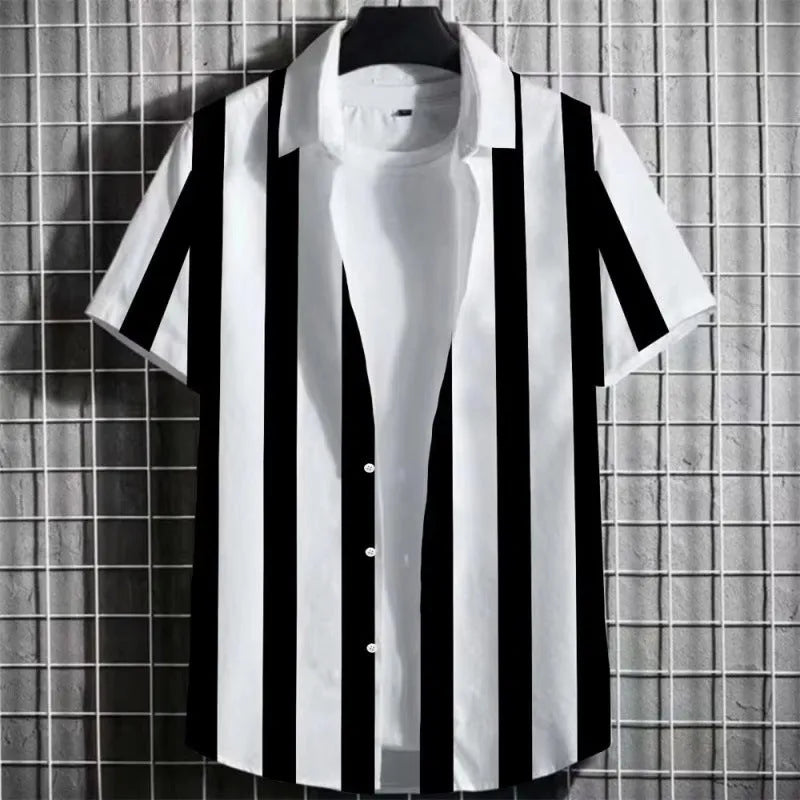 Men's striped short sleeve T-shirt with 3D printed pattern on linen fabric