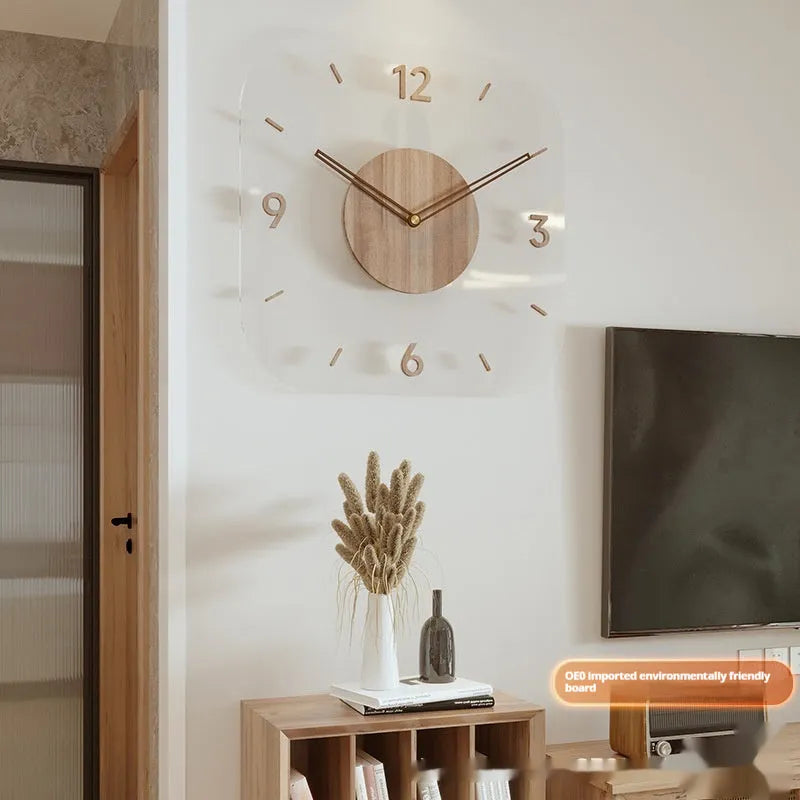 Modern transparent wooden frame wall clock showing 35cm square dimensions
