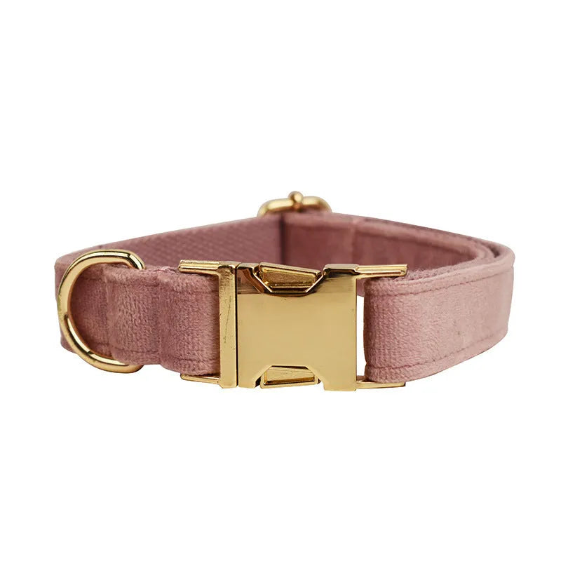 Light purple pink velvet dog collar with matching accessories including leash and vest