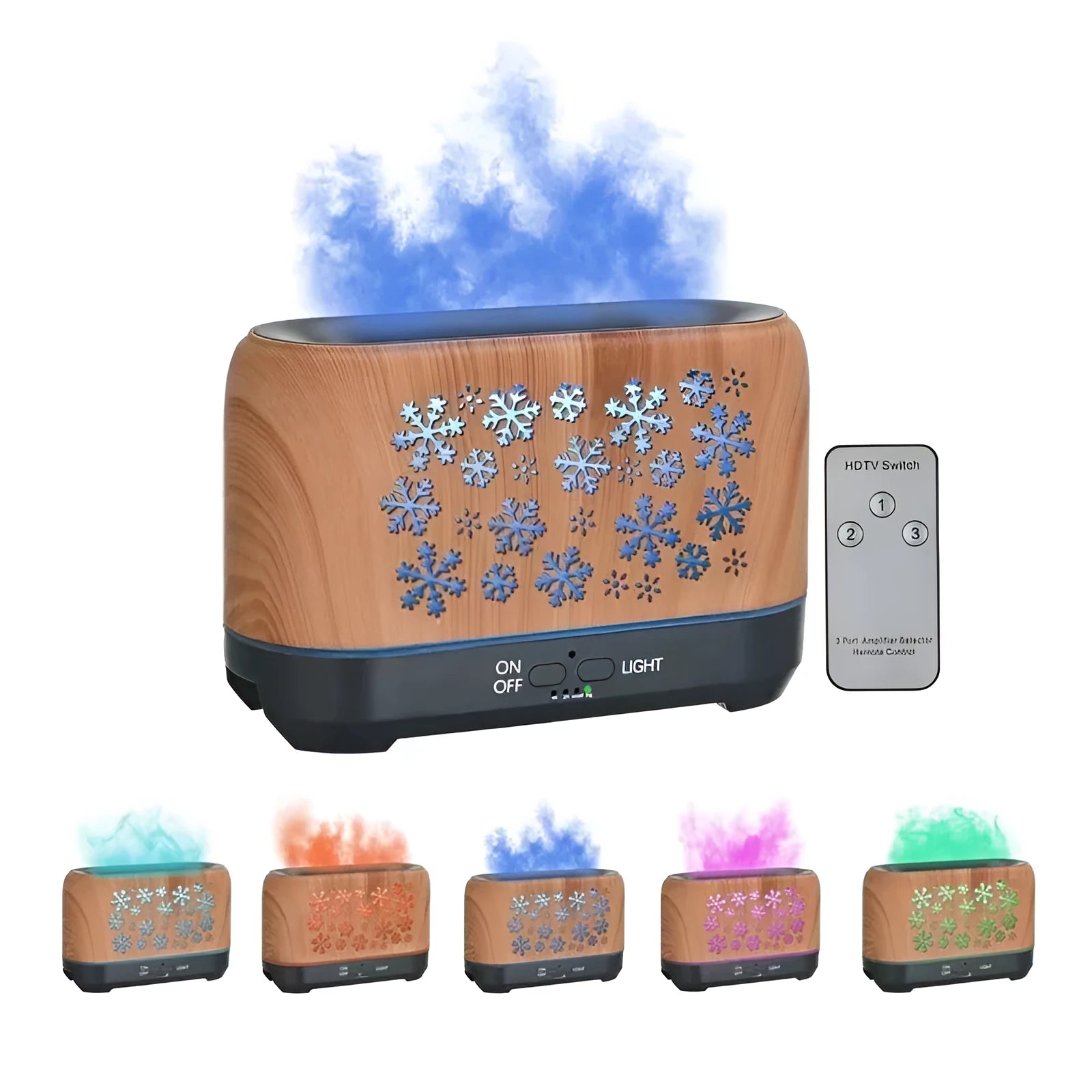 Snowflake pattern aromatherapy humidifier with colourful LED flame effects and remote control