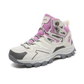 High-top hiking sneaker in light brown with front lace-up closure and natural rubber sole.
