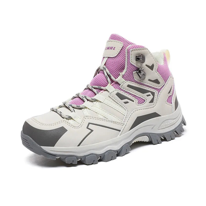 High-top hiking sneaker in light brown with front lace-up closure and natural rubber sole.