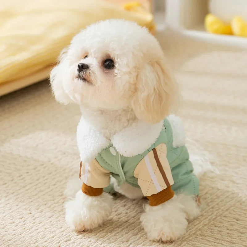 Warm thick Maillard pocket patch four-legged cotton dog coat in green with fleece-lined collar and leash ring