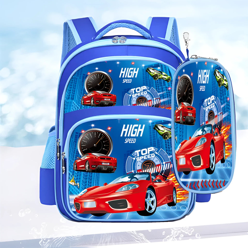 Blue anime cartoon print children's school backpack with load-reducing straps and pencil case