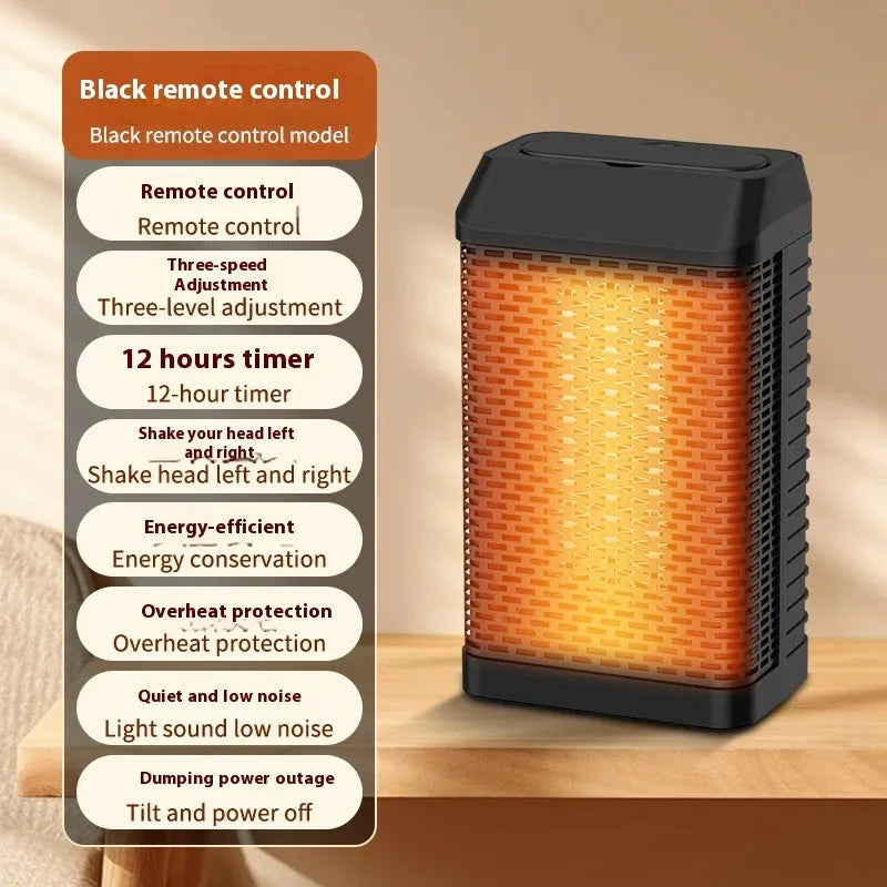 Black desktop smart heater with remote control on a wooden desk.
