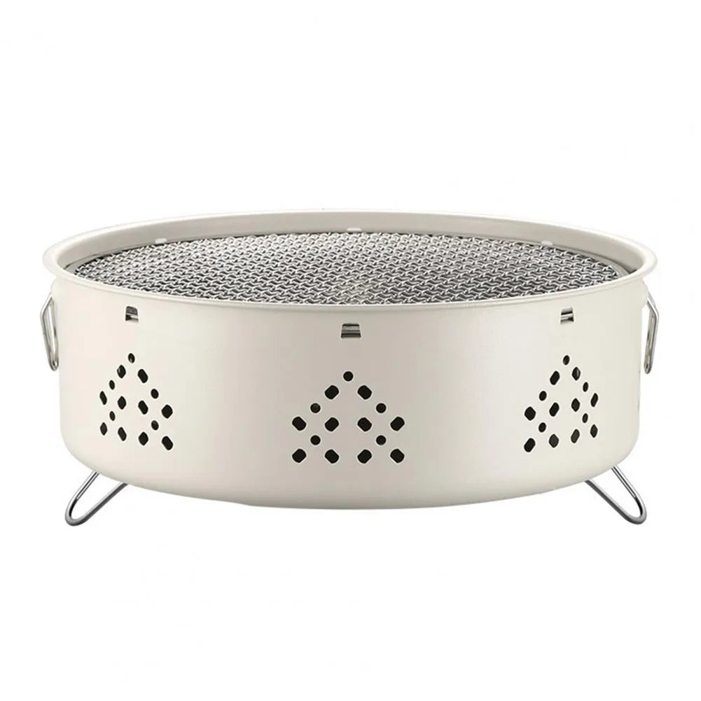 Portable stainless steel campfire grill with detachable parts, charcoal bowl, ash tray, and storage bag, white, 31cm