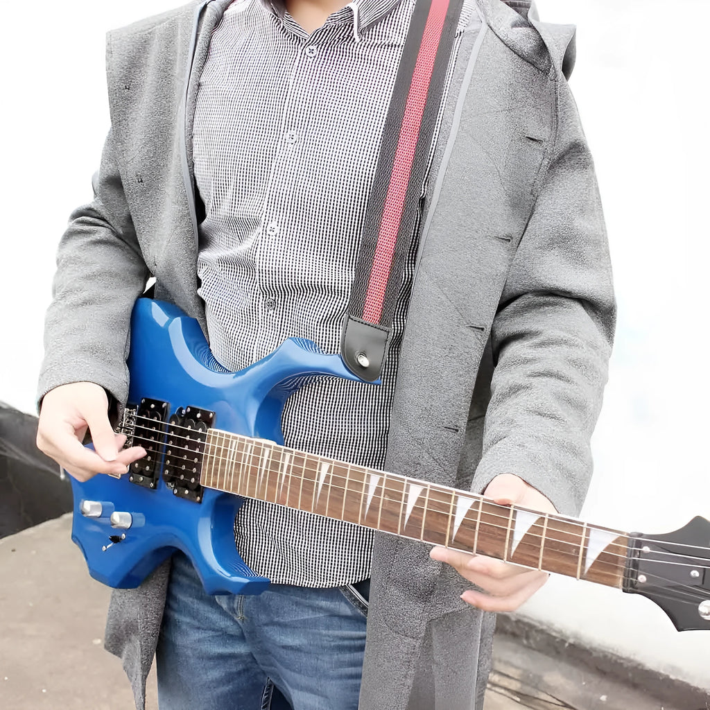 Woven striped guitar strap in army green colour on instrument
