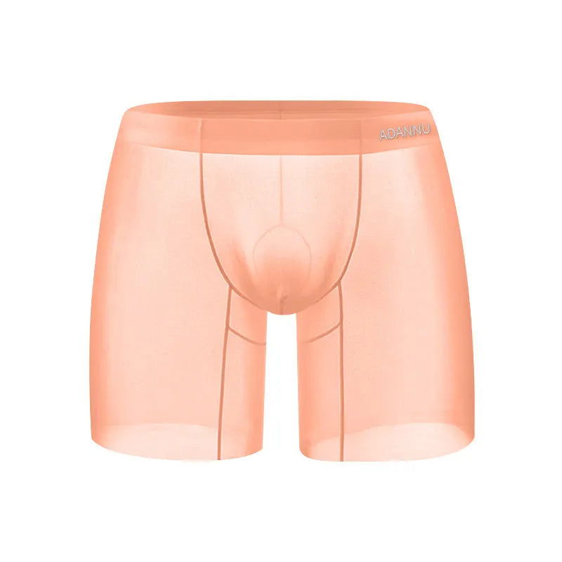 Men's solid colour ice silk boxer shorts in orange, showing low waist design.