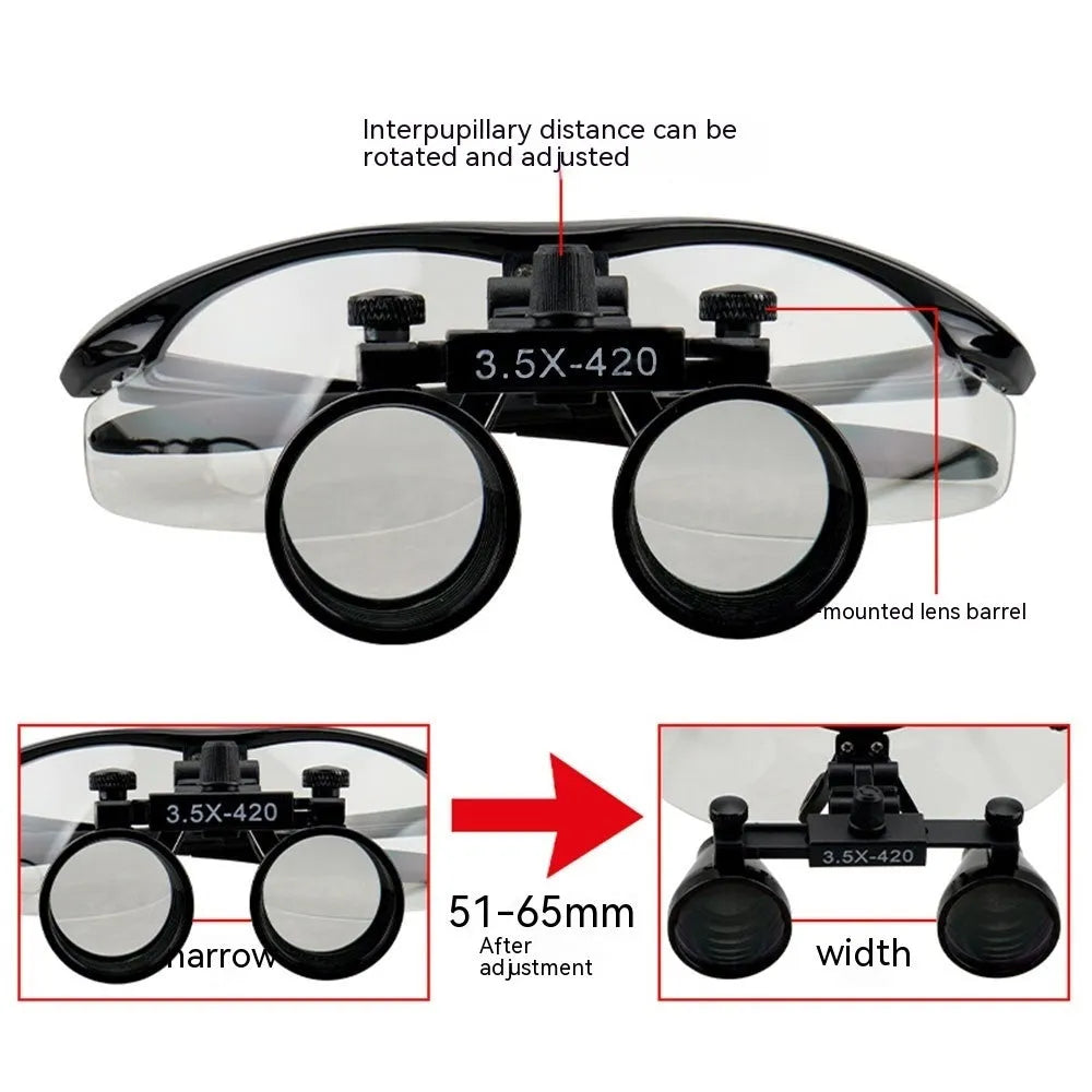 Black head-mounted dental magnifier with LED light showing dual magnification options and portable design