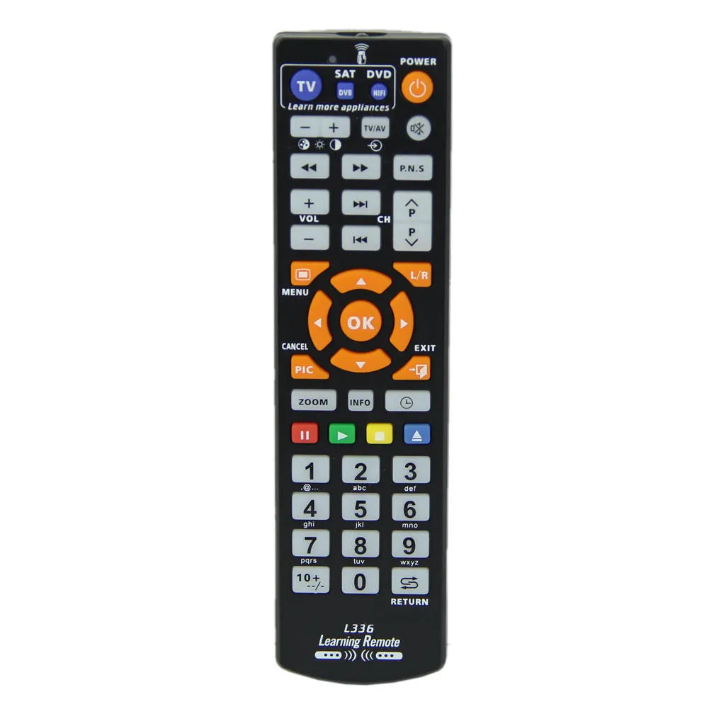 L336 black learning remote control with button layout and 8-metre transmission range