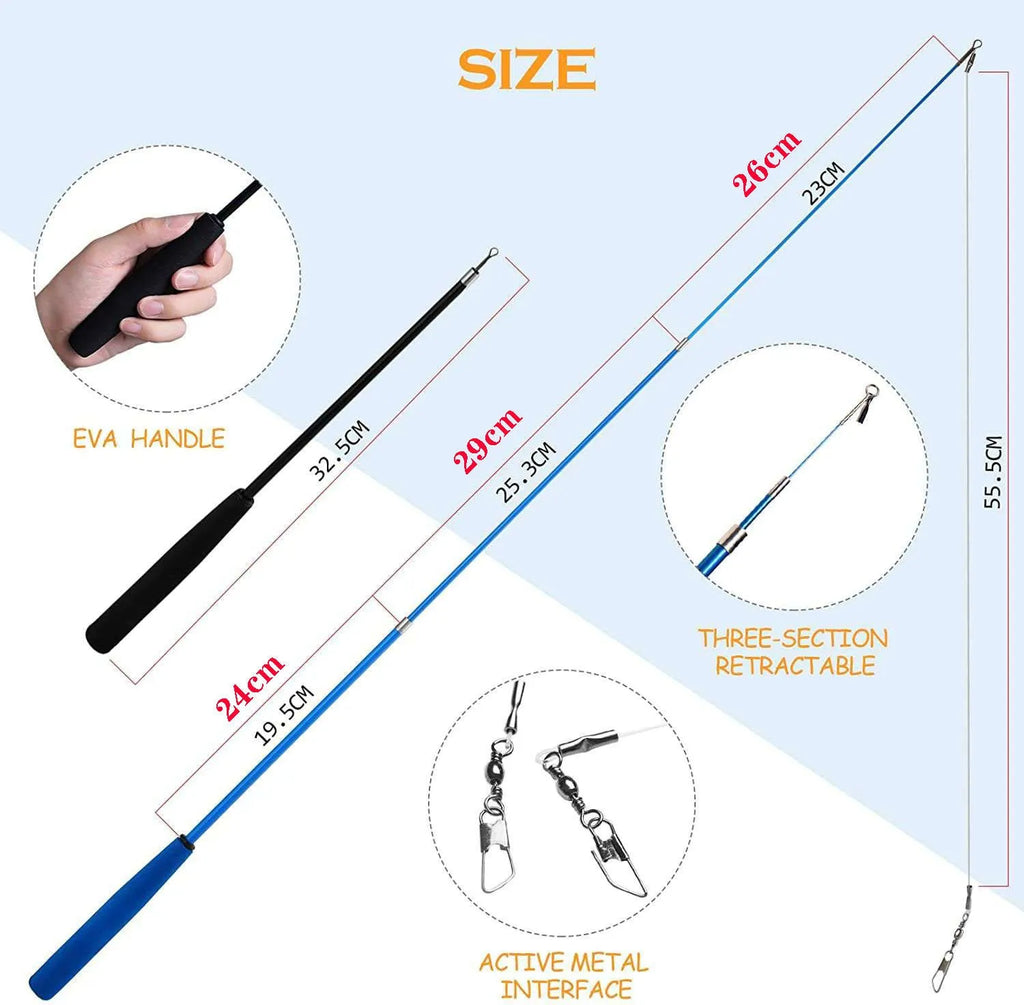 Cat teaser pole set with two fishing rods and ten feather lure heads for interactive play