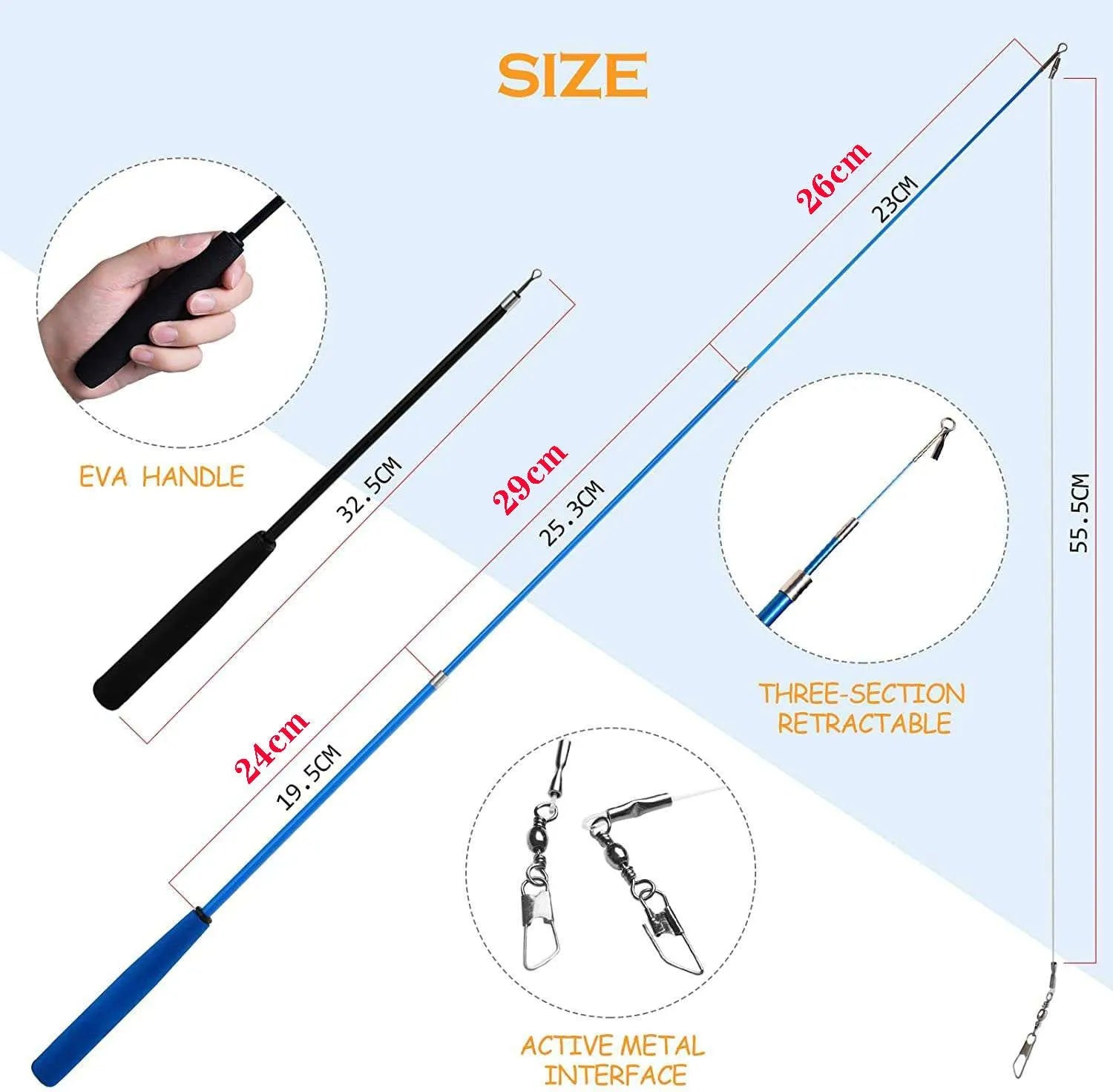 Cat teaser pole set with two fishing rods and ten feather lure heads for interactive play