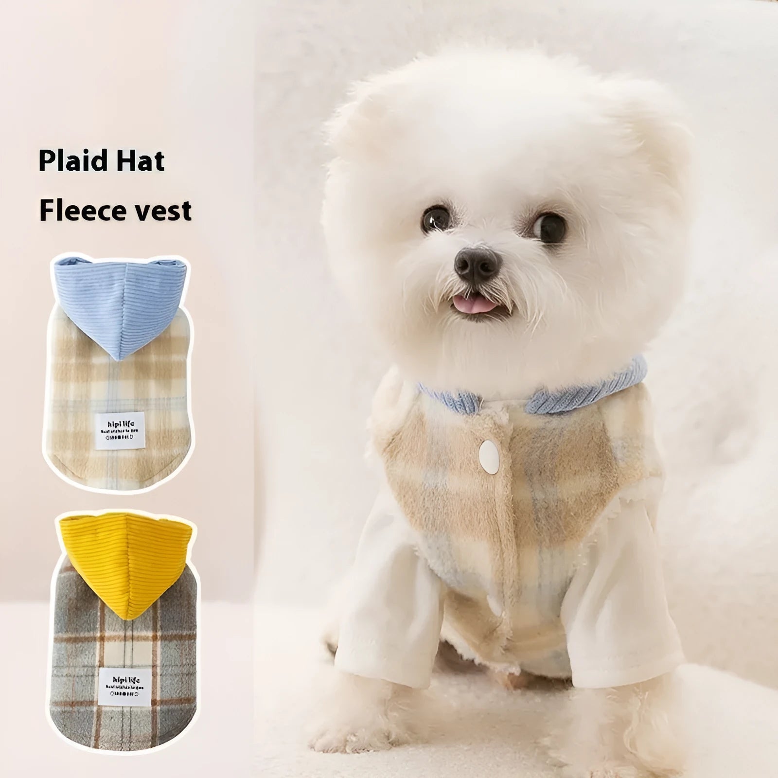 Blue corduroy hooded vest for pets with a grid pattern and traction elements on the hood.
