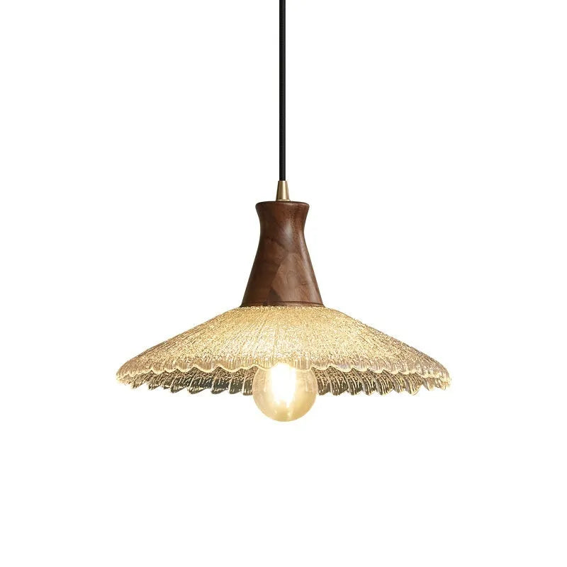 Retro style wooden and brass chandelier with glass shade ceiling lamp for restaurants.