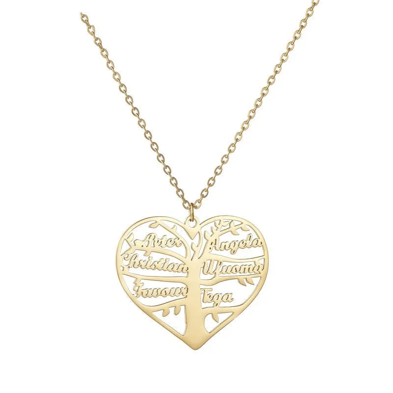 Custom engraved life tree and heart pendant necklace with 1-6 names in stainless steel.