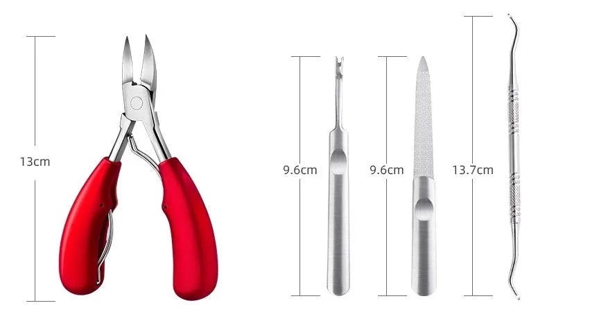 Stainless steel nail clipper set with ABS handles in red, black, and blue colours