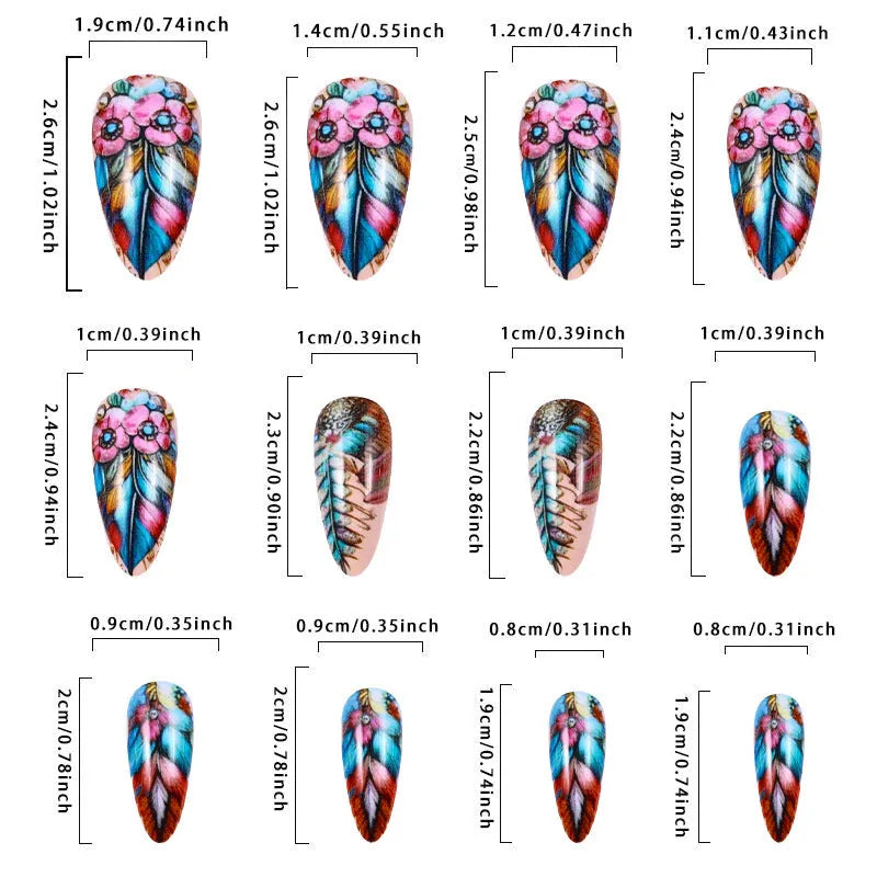 Colourful feather armour nail art designs with retro cartoon floral butterfly and heart patterns