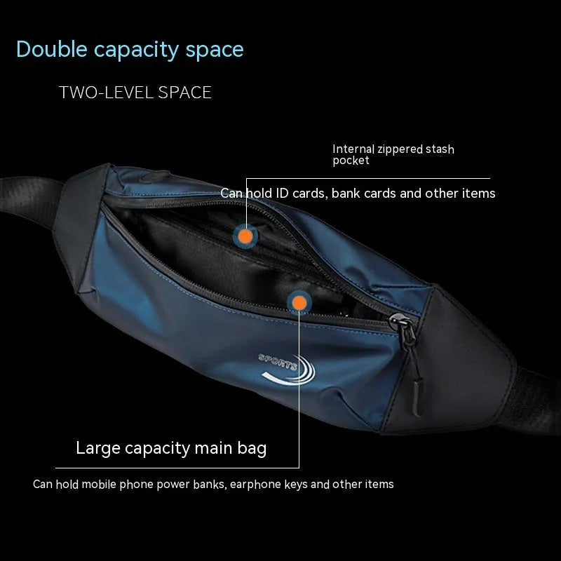 Men's waterproof waist bag in Derm Oxford polyester showing blue, black and grey colour options