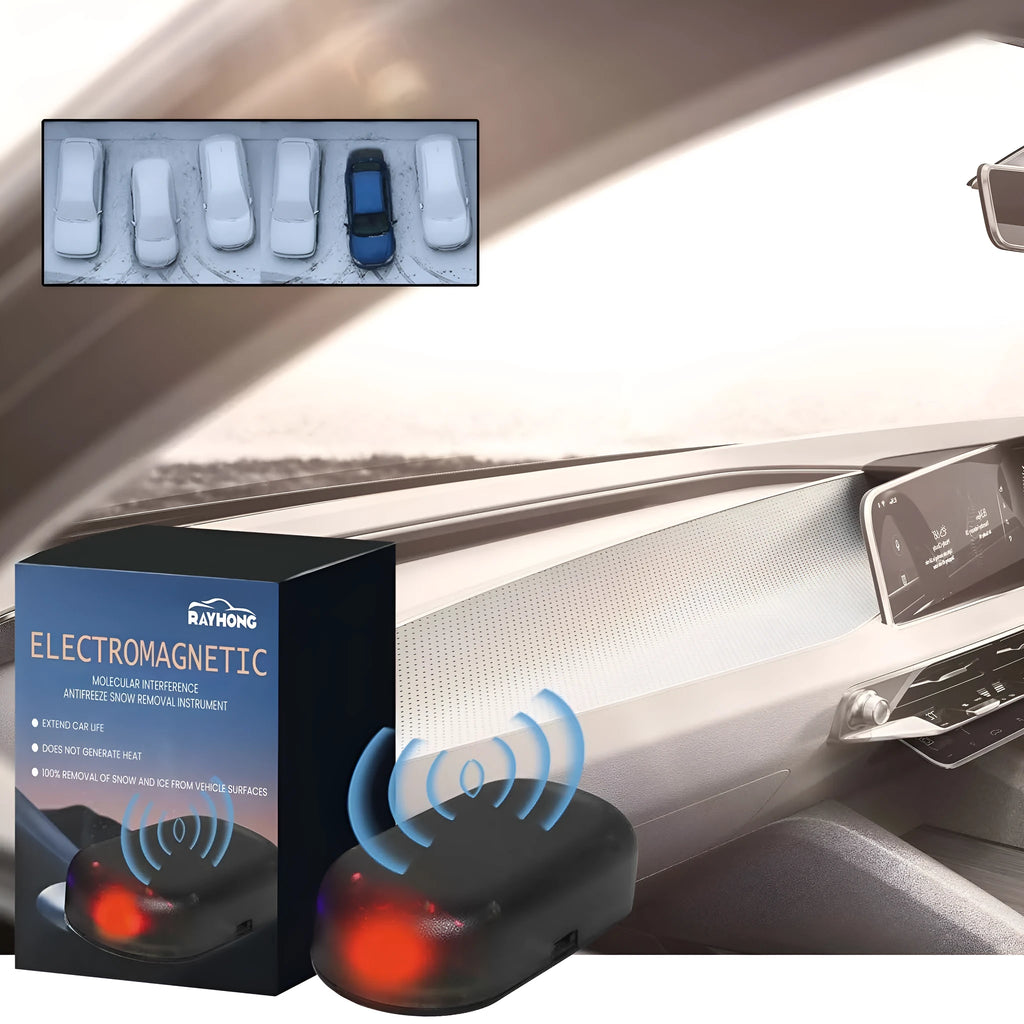 Small black plastic handheld car deicer tool with special glass for melting snow and ice.