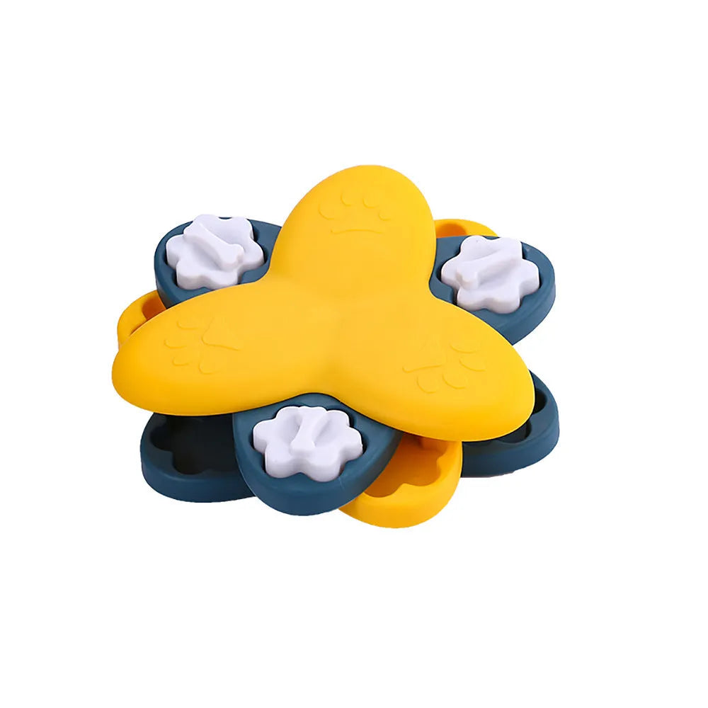 Green and yellow interactive dog puzzle toy with rotatable compartments and bone-shaped covers