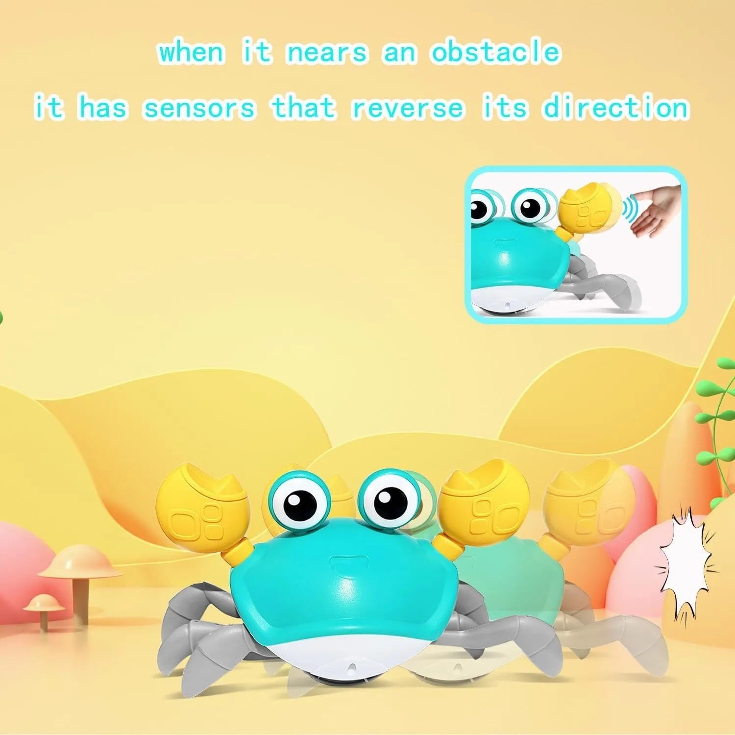 Blue or red electronic crab dog toy with lights, shown crawling, with a USB charging cable