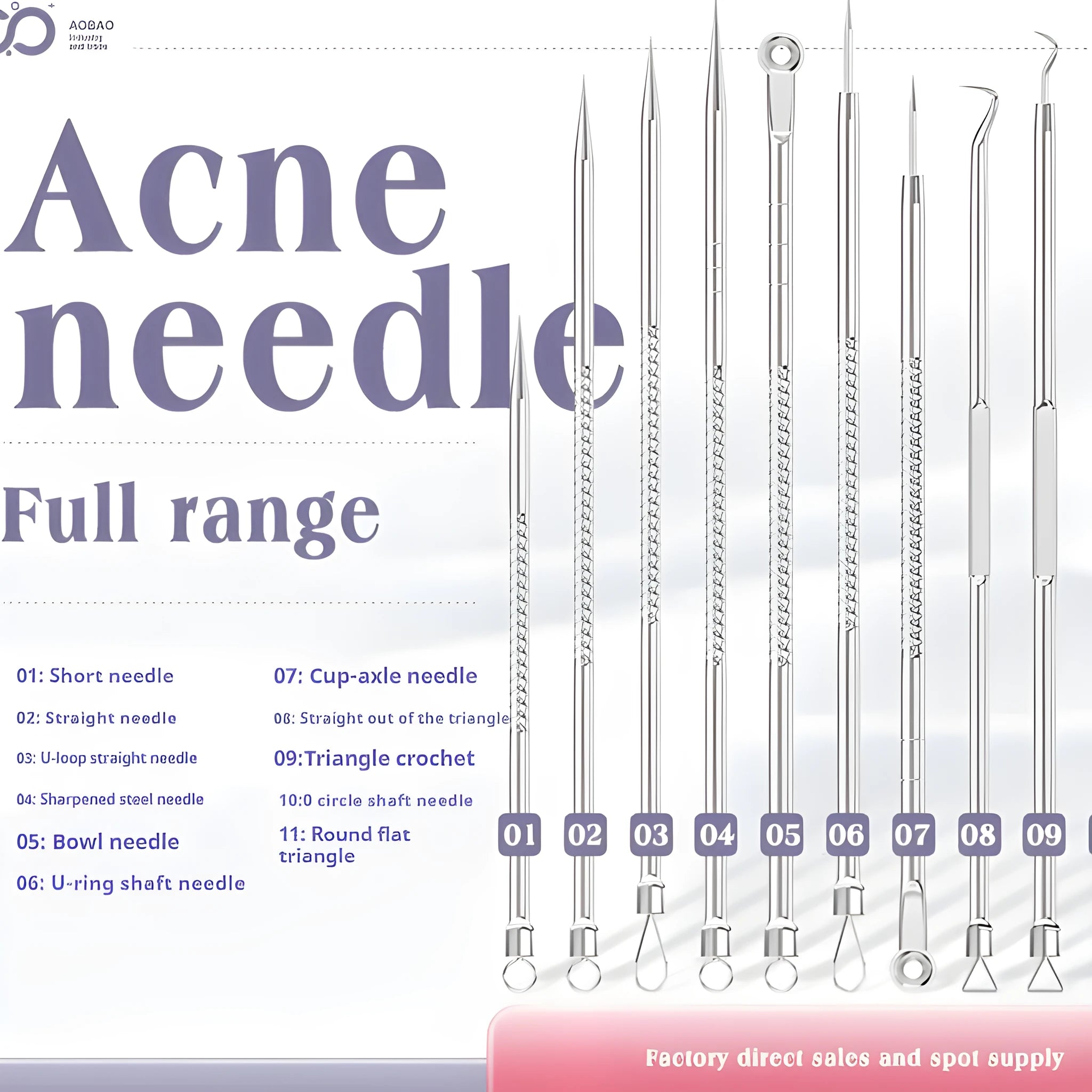 Four silver metal acne needles with fine pointed tips for blackhead removal.