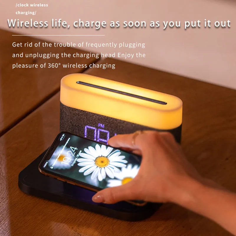 Black and white wireless charging desktop clock with night light function and modern design