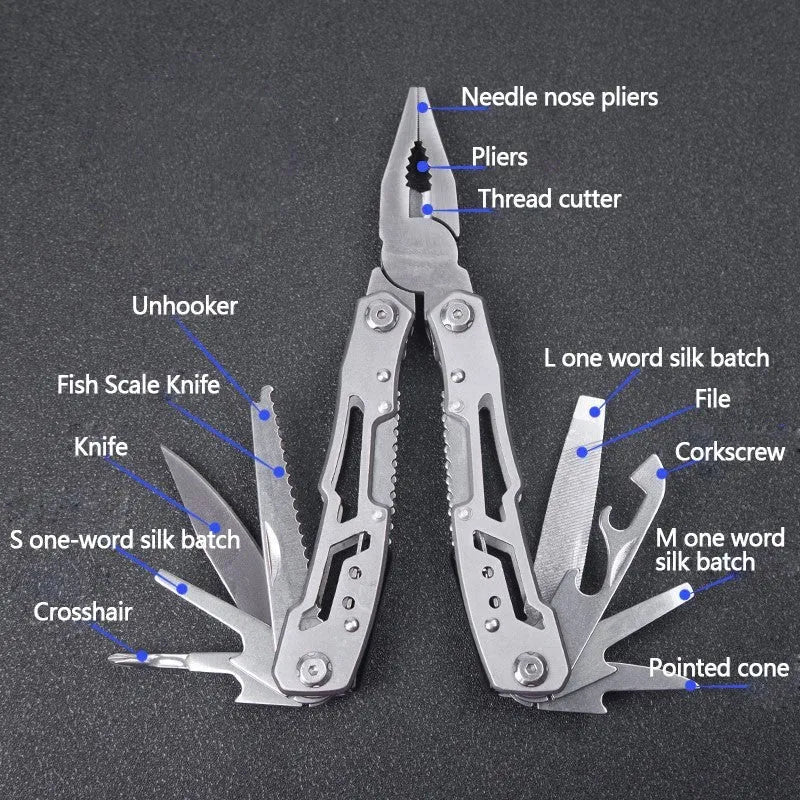 All steel 14-in-1 multi-function pliers in black or silver grey, 10cm folded, 15.6cm developed, 420 steel
