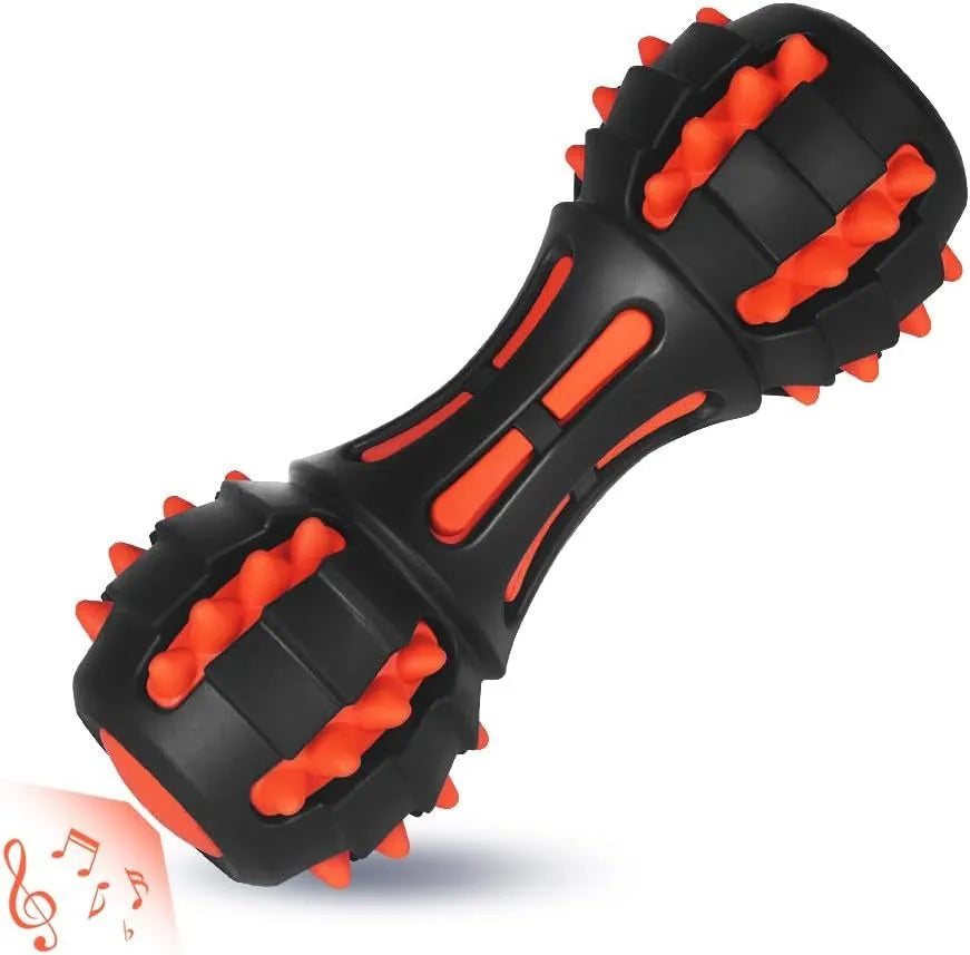 Red rubber dumbbell-shaped dog chew toy for aggressive chewers with double-layer construction