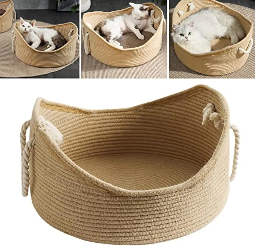 Wicker cat bed basket with a corrugated scratching surface, shown in two sizes.