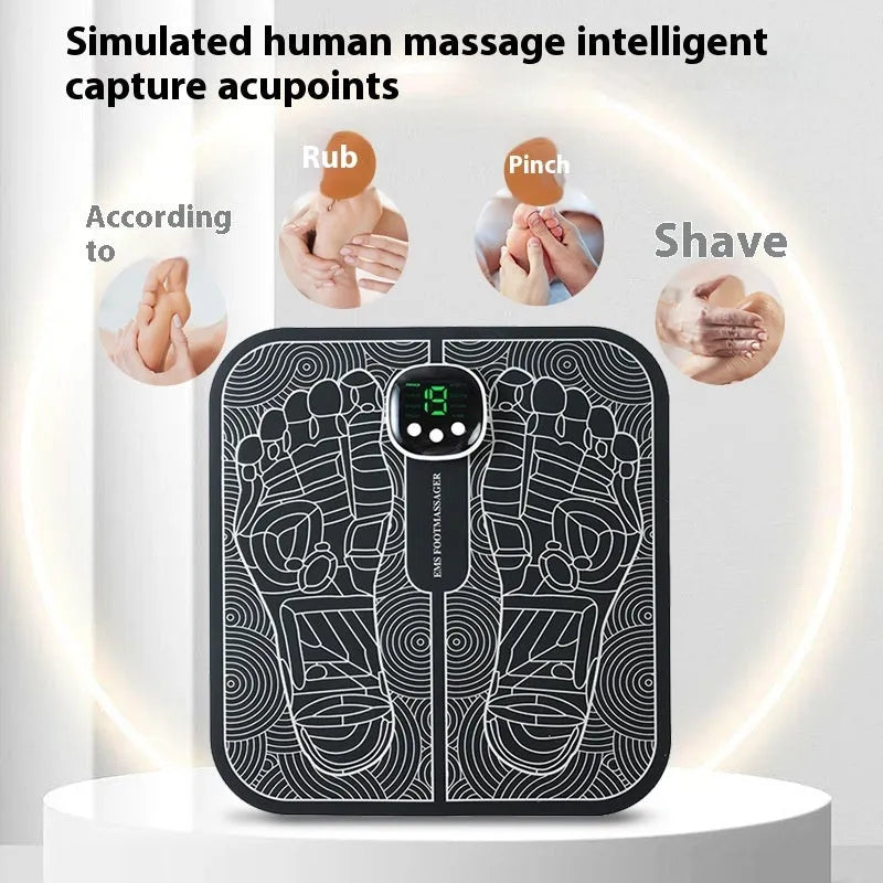 Blue USB rechargeable reflexology foot massager mat with remote control on a wooden floor