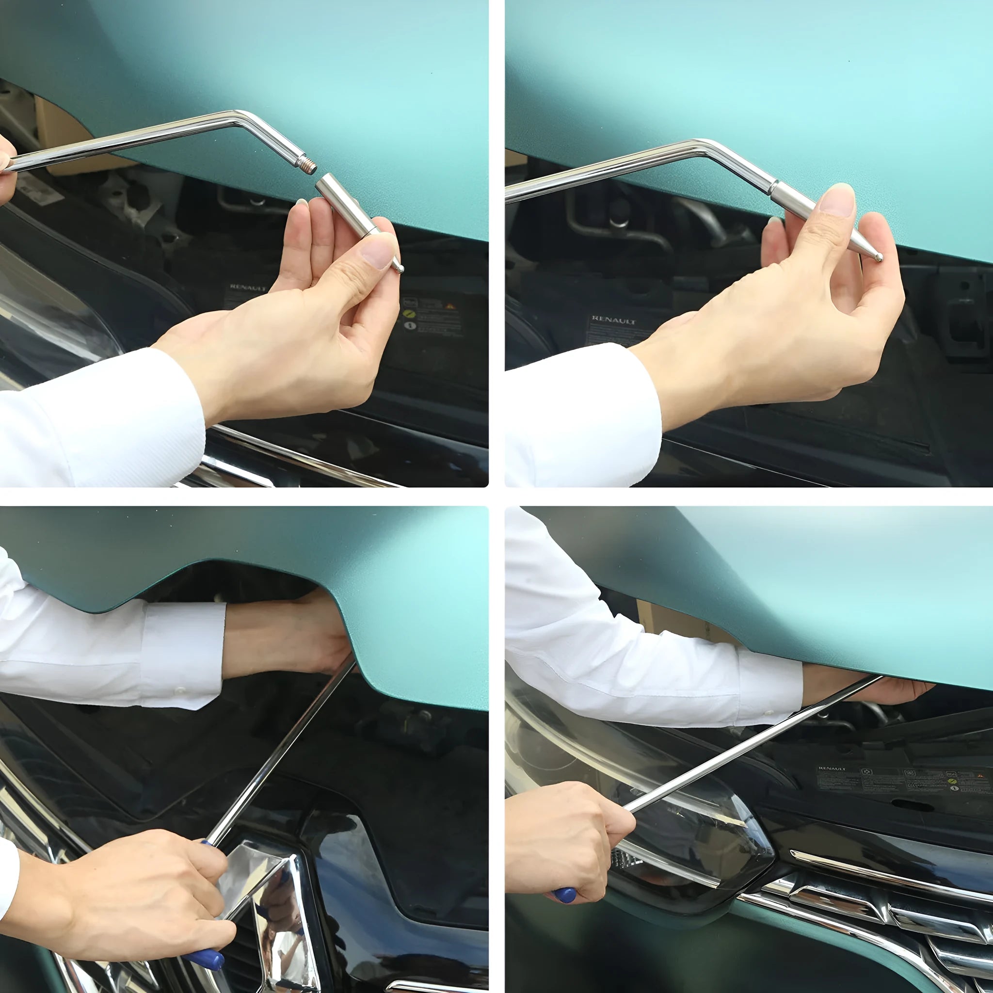 Three-piece alloy steel car dent repair tool set with hook and crowbar designs