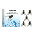 Five small 1.5cm TPR and silicone biomimetic insect soft bait lures for fishing, laid next to a fly hook.