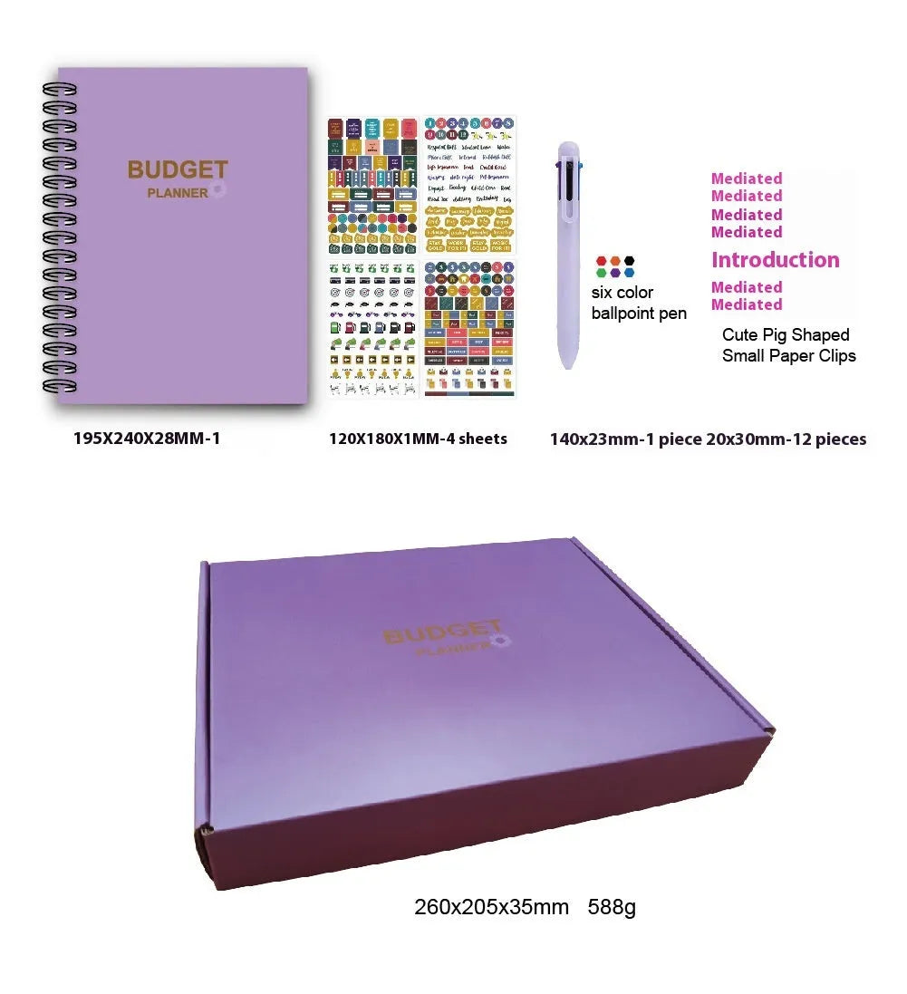 J12 Purple coil-bound financial planning notebook with Daolin paper, pen, stickers, and paper clips for monthly budgeting