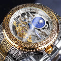 Forsining yellow skeleton tourbillon mechanical watch with stainless steel case and band
