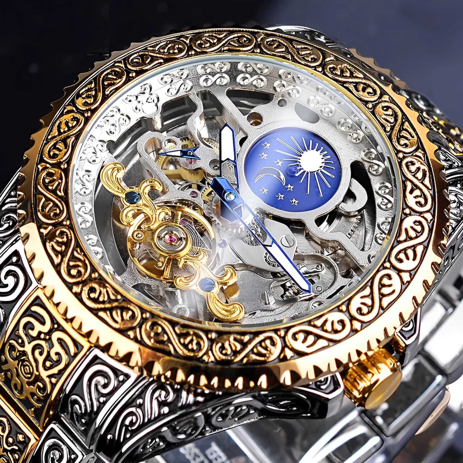 Forsining yellow skeleton tourbillon mechanical watch with stainless steel case and band