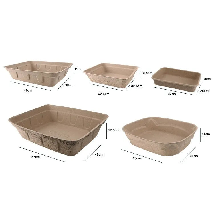 Brown disposable waterproof cat litter box with three size options for small pets.