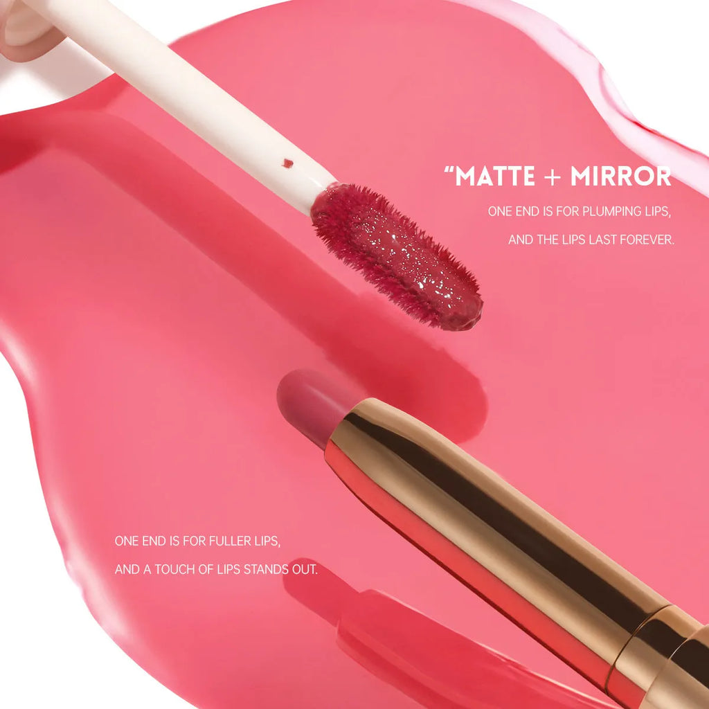 Double-headed lipstick and lip gloss product showing matte colour and gloss components