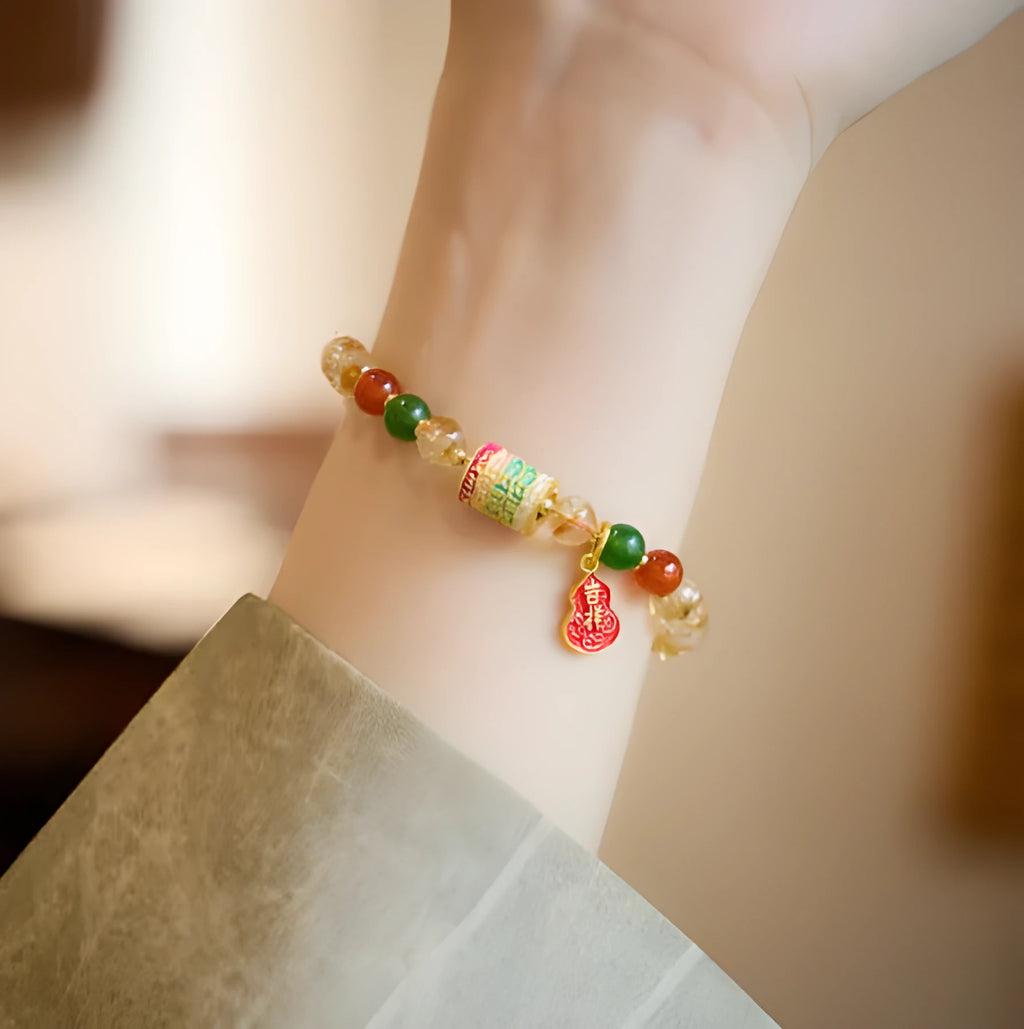 Hand-woven citrine five sutra bracelet with 6mm crystal beads and geometric design