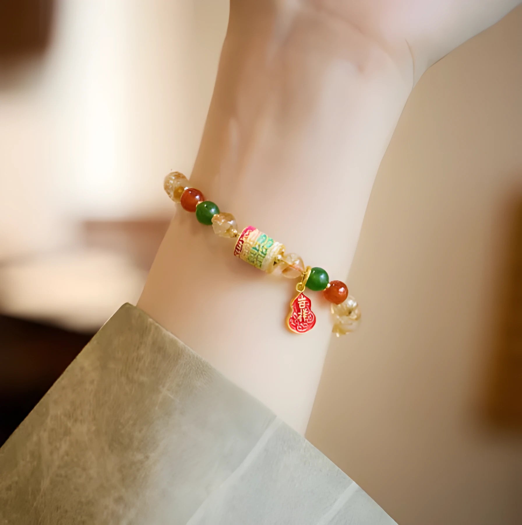 Hand-woven citrine five sutra bracelet with 6mm crystal beads and geometric design
